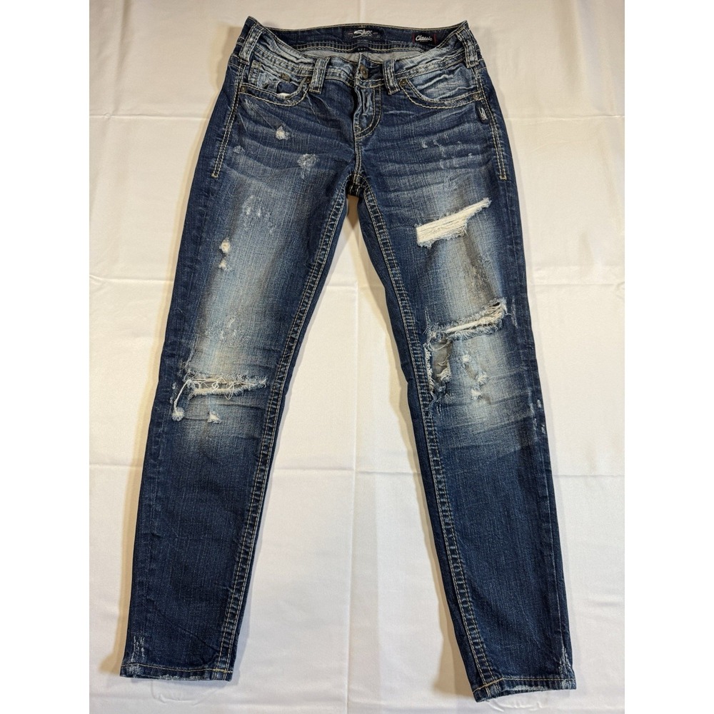 Silver Jeans‎ Womens 27x26 Blue Suki Mid Ankle Skinny Stretch Distressed